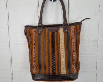 Stripy Shoulder Bag Leather Tote Bag Soco Bag Brown Bag Tan Bag Vintage 1980's Bag Boho Bag Bohemian Shoulder Bag