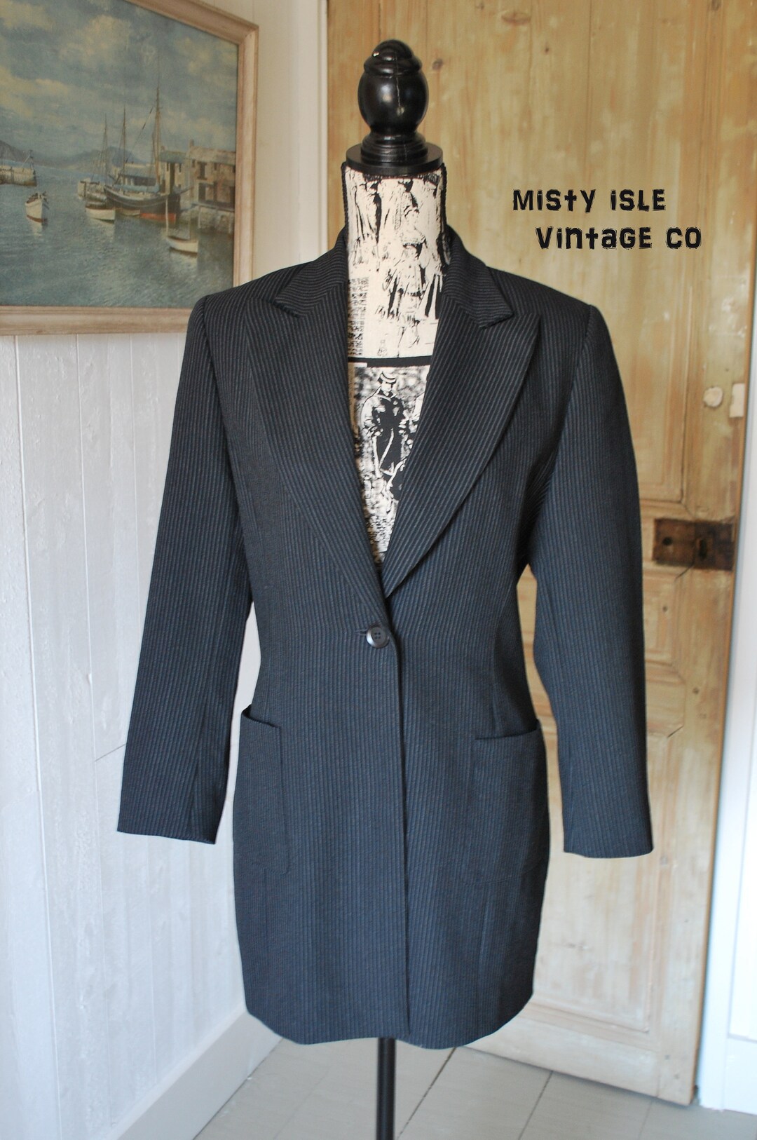 Vintage Pin Striped Jacket Size M Black Grey Striped Jacket Wool