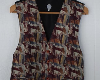 Vintage Waistcoat, Burgundy and Orange, Size: M, Abstract Pattern, 1980s Waistcoat