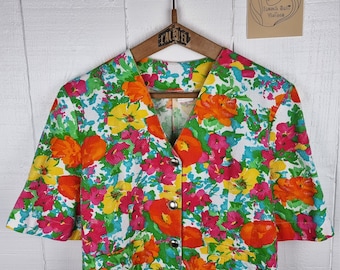 Vintage Blouse, Handmade Blouse, Floral Blouse, Size: M, Boho Shirt, 1980's, Cotton Blouse, Button Up Shirt, Pink Floral Blouse