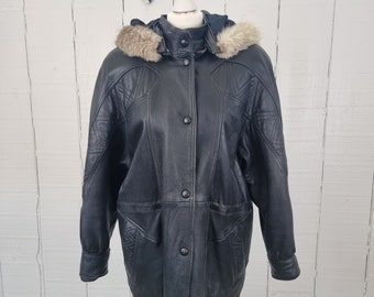 Vintage black leather jacket hooded jacket 80s leather coat
