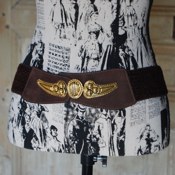 80s Belt, Vintage Brown Belt with Faux Suede, Gold