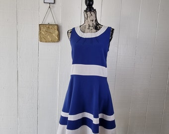 Blue and White Dress, Vintage 90's Dress, Fitted Dress, Made in France, Colour Block Dress