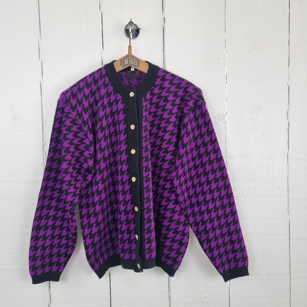 Cardigan violet et noir vintage Cardigan Houndtooth Check 1980's Cardigan Dogtooth Pattern Punk Style Gothic