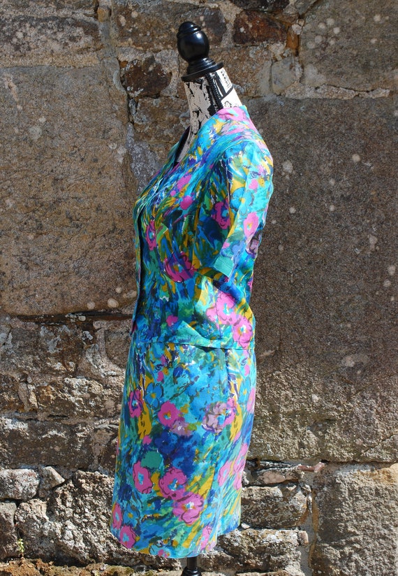 1980's Floral Dress Suit, Blue and Pink Dress, Si… - image 3