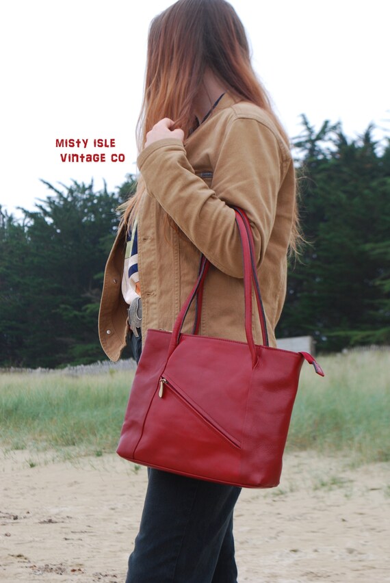 Red Leather Bag, Vintage French Bag, 1990's Should