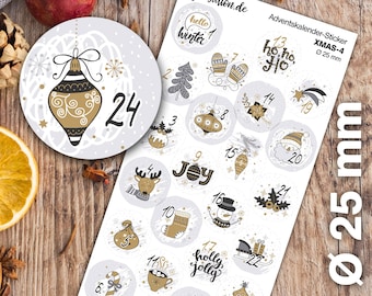 Adventskalender Zahlen Aufkleber 1 - 24 | niedlicher Sticker-Bogen mit Weihnachtsmotiven 25 mm Durchmesser