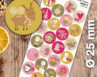 May include: A set of 24 round Christmas advent calendar stickers featuring various holiday themes. The stickers are 25 mm in diameter and feature a reindeer, a Christmas tree, a snowman, a gingerbread house, a candy cane, a star, a stocking, a heart, and a present. The stickers are printed on white paper and are perfect for adding a festive touch to your holiday decor.