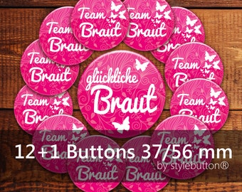 Junggesellinnenabschied 12 + 1 Buttons Team Braut bzw. glückliche Braut 37 mm + 56 mm in Pink mit weißen Schmetterlingen für JGA