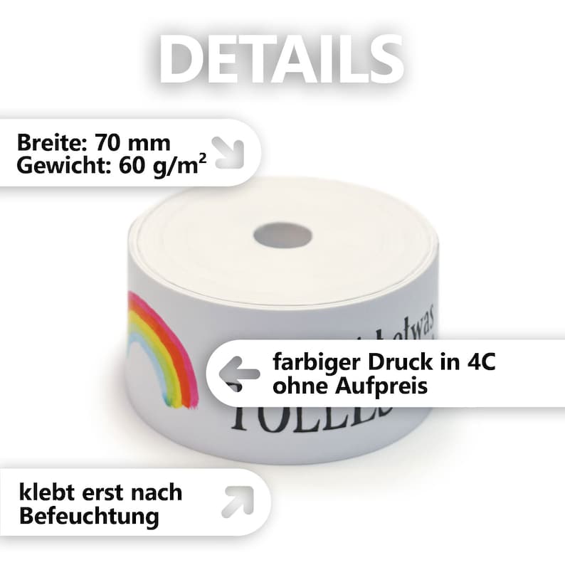 May include: A roll of white paper with a rainbow design and the word "TOLL" printed on it. The paper is 70 mm wide and weighs 60 g/m&sup2;. The text "DETAILS" is at the top.