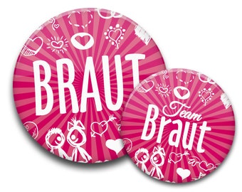 Set JGA Buttons #34: 10 x Team Braut + 1 extragr. Button "Braut", pink mit weißen Herzen / Love Symbolen