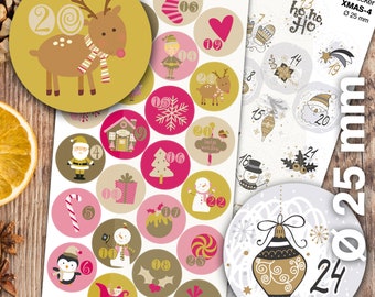 Set Zahlen Aufkleber für Adventskalender 1 - 24 | bunte Sticker mit weihnachtlichen Motiven 25 mm Durchmesser