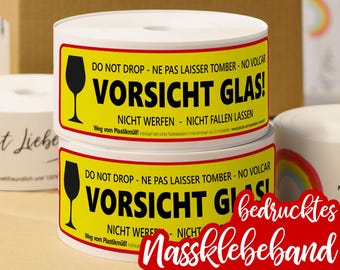 Bedrucktes Nassklebeband ‚Vorsicht Glas‘ – Ideal für Etsy-Verkäufer & Versand von zerbrechlicher Ware | ab 20 m | PLASTIKFREI VERSENDEN