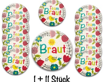 JGA Party Button Set für Frauen: Buttons Team Braut / Braut 37 mm + 56 mm für Junggesellenabschied im Boho-Stil bunt | verschiedene Mengen