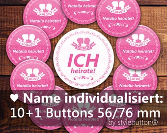 JGA Button Set #2: 10 + 1 personalisierte Anstecker (56/76 mm groß) für Junggesellinnenabschied Ansteckbutton