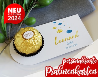 süßes Geschenk für Gäste | personalisierte Minikarte Fisch blau gold | Tischdeko Taufe