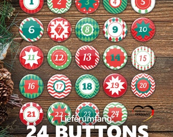grün rot weiß Adventskalender Zahlen Button Set mit Anstecknadeln für Jutesäckchen, Socken oder Beutel XMAS2