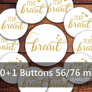 JGA Button Set 27: 1 x Braut 10 x Team Braut Kartenspiel Schriftzug gold-farben Junggesellinnenabschied Hochzeit Ø 56/76 mm glänzend Bild 1