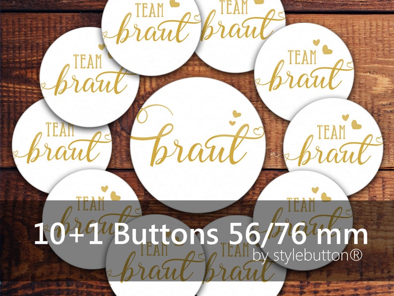 JGA Button Set 27: 1 x Braut 10 x Team Braut Kartenspiel Schriftzug gold-farben Junggesellinnenabschied Hochzeit Ø 56/76 mm glänzend Bild 1