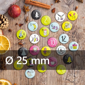 Zahlen Buttons f. Adventskalender | bunte Weihnachtsmotive Kind | 25 mm mit Bogennadel XMAS5