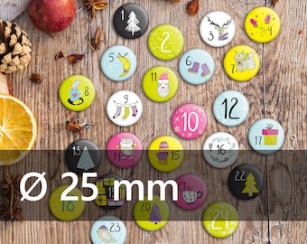 Zahlen Buttons f. Adventskalender | bunte Weihnachtsmotive Kind | 25 mm mit Bogennadel XMAS5