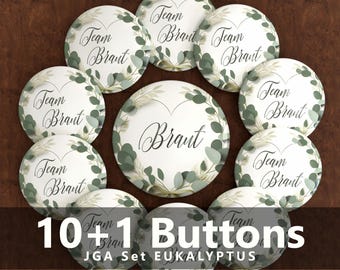 JGA Button Set Eukalyptus – Braut & Team Braut Buttons | Junggesellinnenabschied Anstecker | florale JGA Deko | 1x Braut + 10x Team