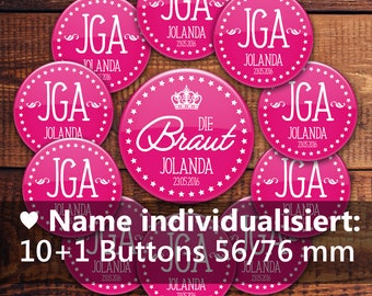 JGA Button Set #1: 10 + 1 personalisierte Anstecker (56/76 mm groß) für Junggesellinnenabschied Ansteckbutton