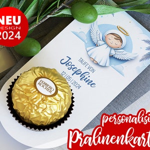 Gastgeschenk zur Taufe | personalisierte Pralinenkarte Engel hellblau Tischdeko für Junge o. Mädchen