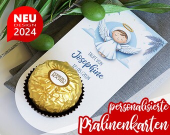 Gastgeschenk zur Taufe | personalisierte Pralinenkarte Engel hellblau Tischdeko für Junge o. Mädchen