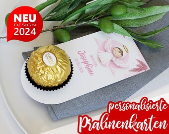 personalisierte Tischdeko Taufe in rosa mit Engel | süße Pralinenkarte ready to use Pralinenträger für Ferrero Rocher und andere Pralinen