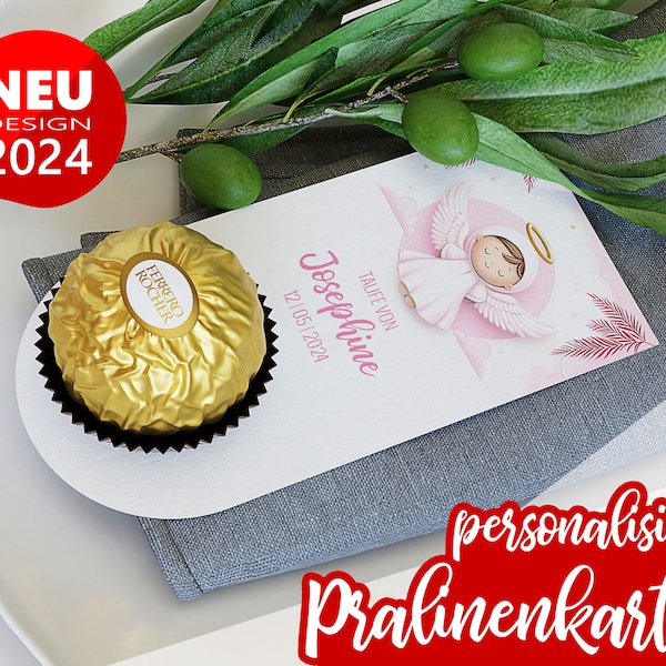 personalisierte Tischdeko Taufe in rosa mit Engel | süße Pralinenkarte ready to use Pralinenträger für Ferrero Rocher und andere Pralinen