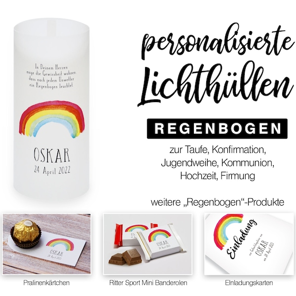 Lichthülle Windlicht Tischlicht Tischdeko Firmung Taufe Jugendweihe Kommunion Konfirmation Regenbogen personalisiert