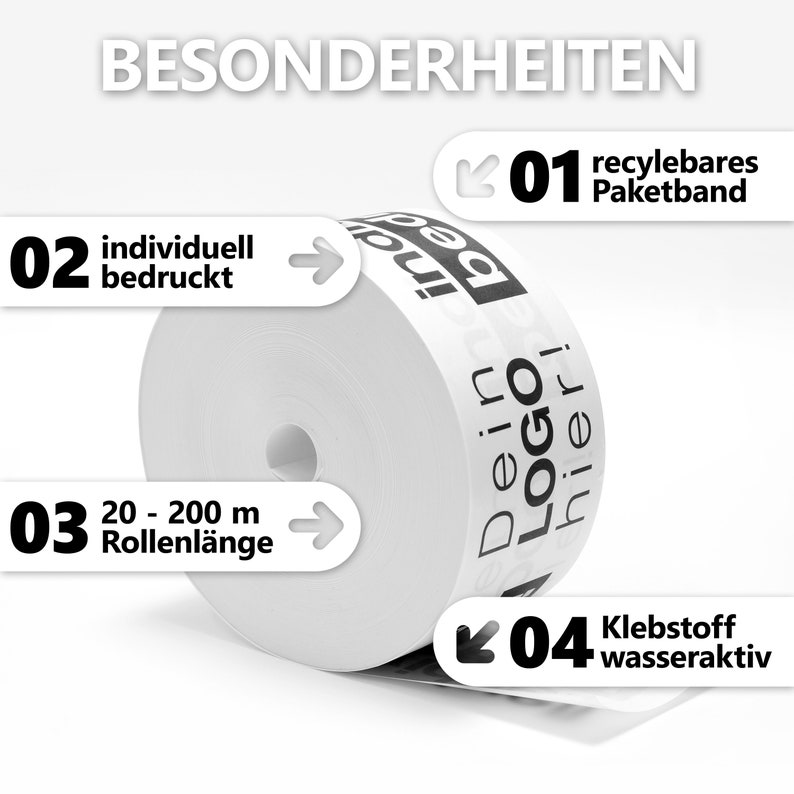 May include: A roll of white packing tape with the text "Dein LOGO hier!" printed on it. The image also includes the text "BESONDERHEITEN", "01 recylebares Paketband", "02 individuell bedruckt", "03 20 - 200 m Rollenl&auml;nge", and "04 Klebstoff wasseraktiv".