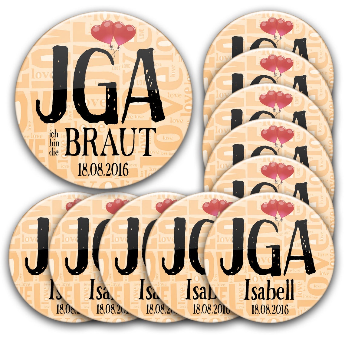JGA Button Set #3: 10 + 1 personalisierte Buttons (56/76 mm groß) für ...