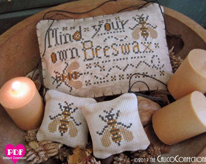 MIND Your Own BEESWAX PDF Instant Download primitive cross stitch  pin keep pillow ornies pattern  Digital Download