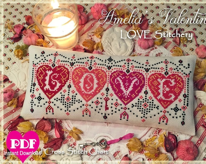Amelia's Valentine  PDF Instant Download cross stitch pattern CalicoConfectionery hearts Valentine's Day Love Digital Download