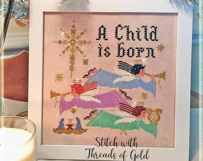 A CHILD is BORN PDF Instant Download counted cross stitch pattern CalicoConfectionery Christmas manger angel