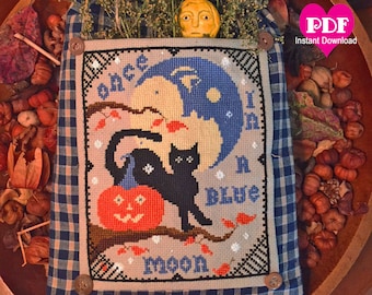 Halloween Cross Stitch Pattern: Black Cat, Pumpkin, Blue Moon (PDF) CalicoConfectionery