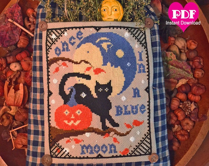 Once in a BLUE MOON PDF Instant Download counted cross stitch pattern chart graph Halloween Autumn Fall Harvest primitive