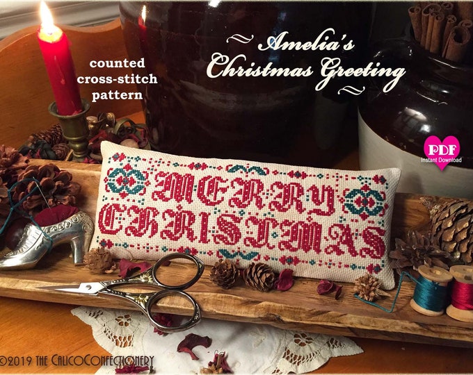 AMELIA'S CHRiSTMAS GREETiNG  PDF/Instant Download counted cross stitch pattern Christmas Yule Primitive
