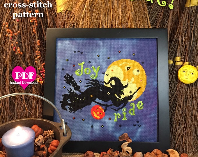 JOY RIDE PDF Instant Download counted cross stitch pattern CalicoConfectionery Halloween Witch