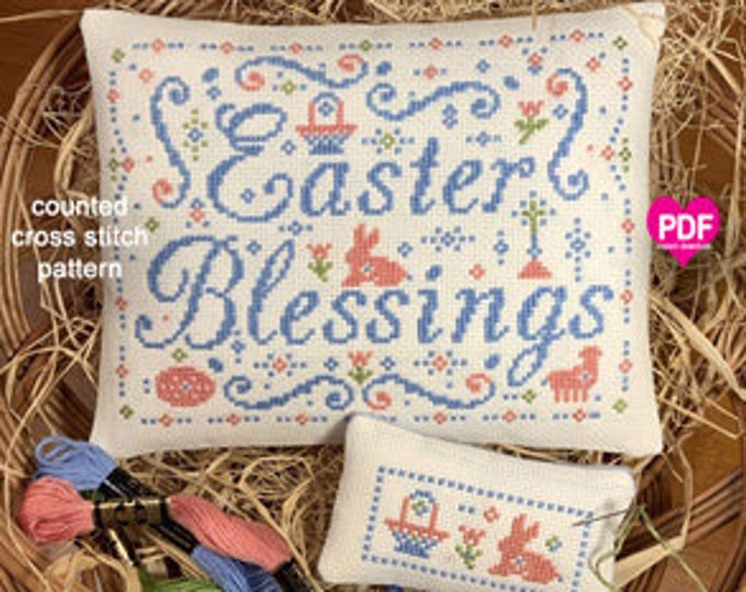 EASTER BLESSiNGS SAMPLER PDF Instant Download cross stitch pattern Easter basket eggs rabbit