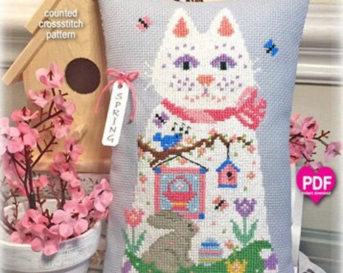 SPRING GATHERER  PDF/Instant Download counted cross stitch pattern CalicoConfectionery bluebirds tulips cat quilt