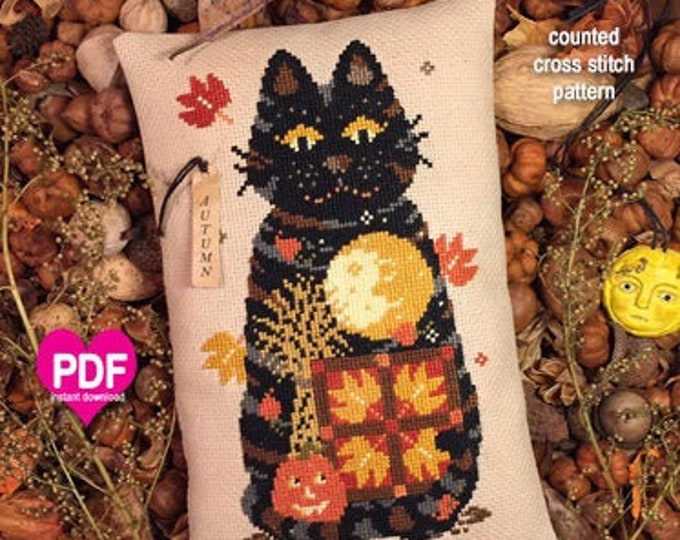 AUTUMN GATHERER PDF/Instant Download counted cross stitch pattern CalicoConfectionery Fall Harvest Seasonal Cat Pumpkin Quilt