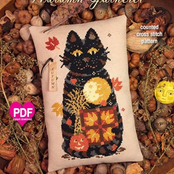 AUTUMN GATHERER PDF/Instant Download counted cross stitch pattern CalicoConfectionery Fall Harvest Seasonal Cat Pumpkin Quilt