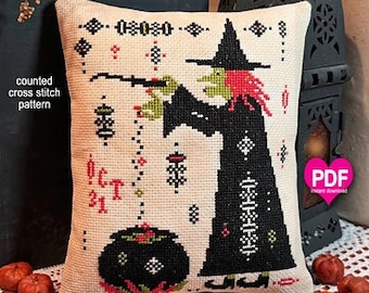 HATTIE'S BREW PDF Instant Download counted cross stitch pattern CalicoConfectionery Halloween Witch