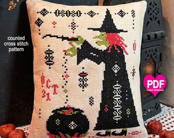 HATTIE'S BREW PDF Instant Download counted cross stitch pattern CalicoConfectionery Halloween Witch