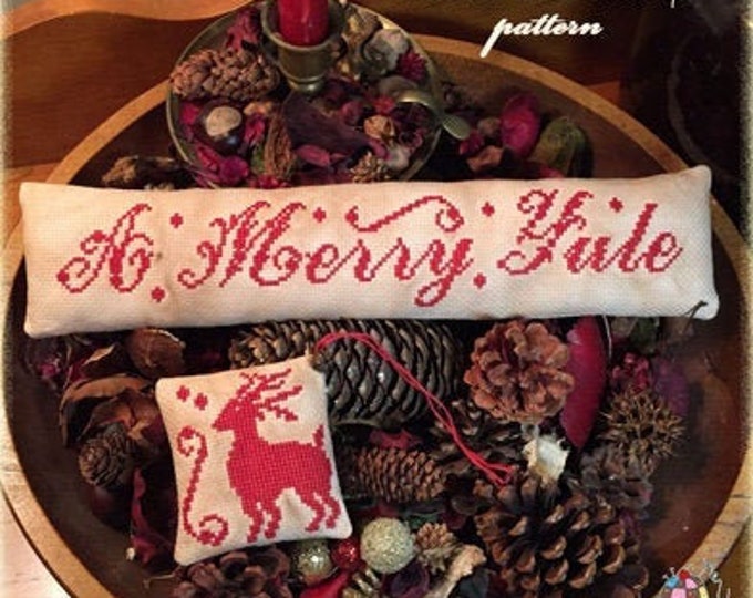 A MERRY YULE  PDF Instant Download counted cross stitch pattern Christmas Yule Primitive Reindeer Ornament