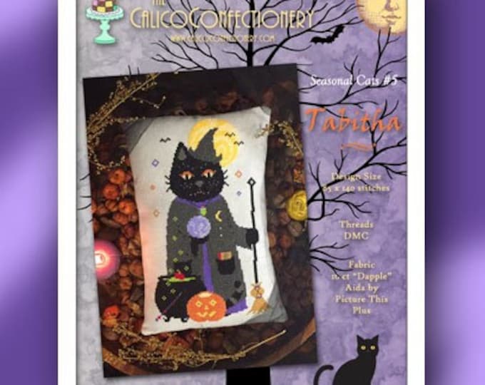 TABITHA Paper/Mailed counted cross stitch pattern CalicoConfectionery Halloween Seasonal Cat Witch