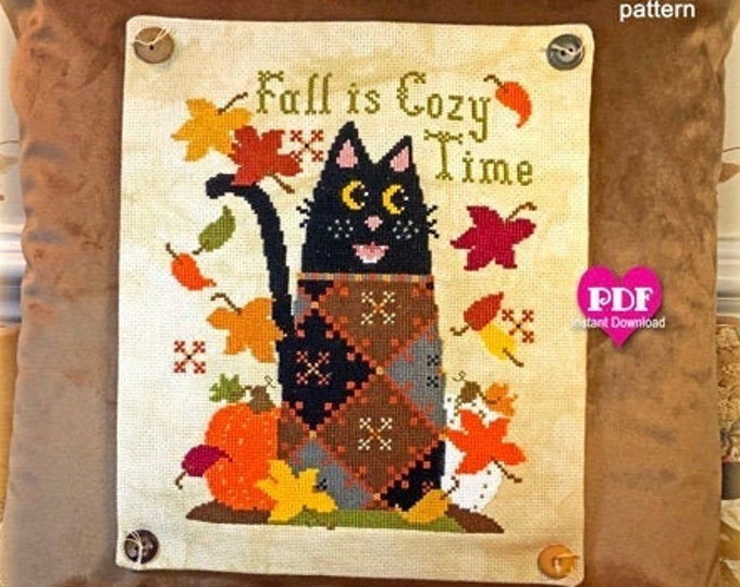 COZY TIME PDF Instant Download counted cross stitch pattern CalicoConfectionery Autumn Fall Harvest Pumpkins Cat Quilt
